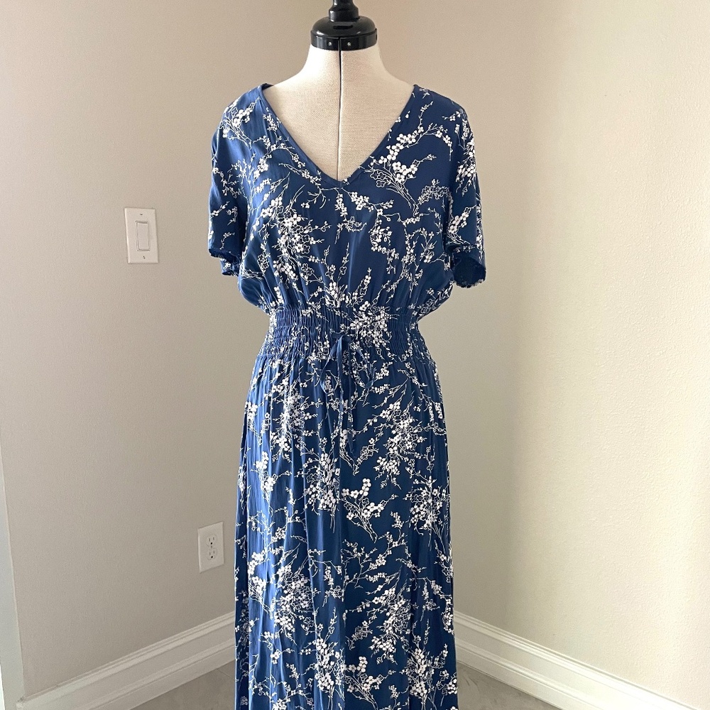 LE BLE EN HERBE France Maxi Dress Blue White Floral V-Neck Elastic-Waist